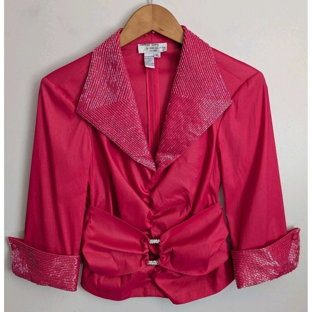 Samuel Dong Pink Taffeta Evening Jacket Top Size XL Beaded Trim Dressy Formal